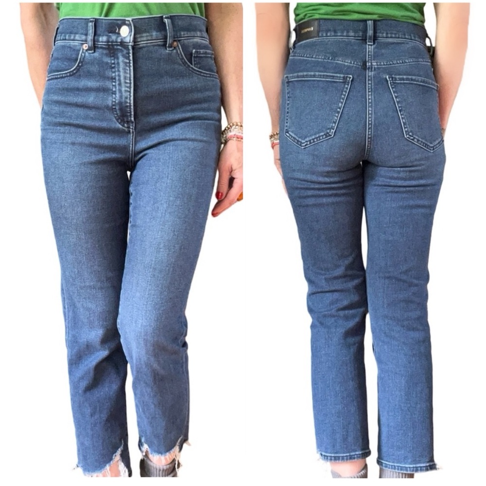 Express Mom High Rise Blue Frayed Hem Stretch Jeans